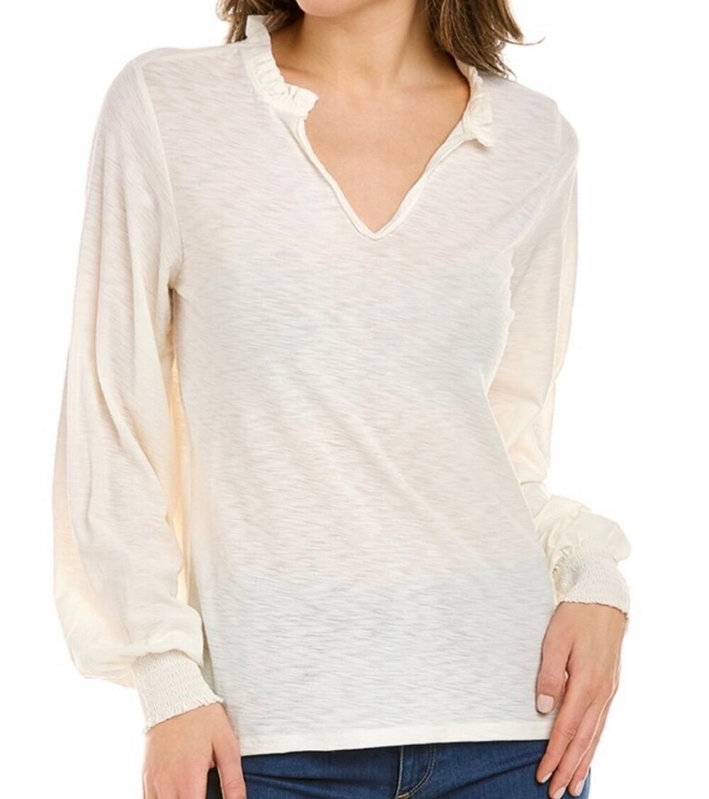 NATION LTD Sasha Peasant Top Long Sleeve Off White Small Boho Pima Cotton Ruffle